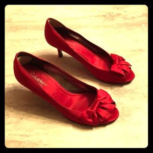 Kelly & Katie Red satin peep toe heels pumps bow